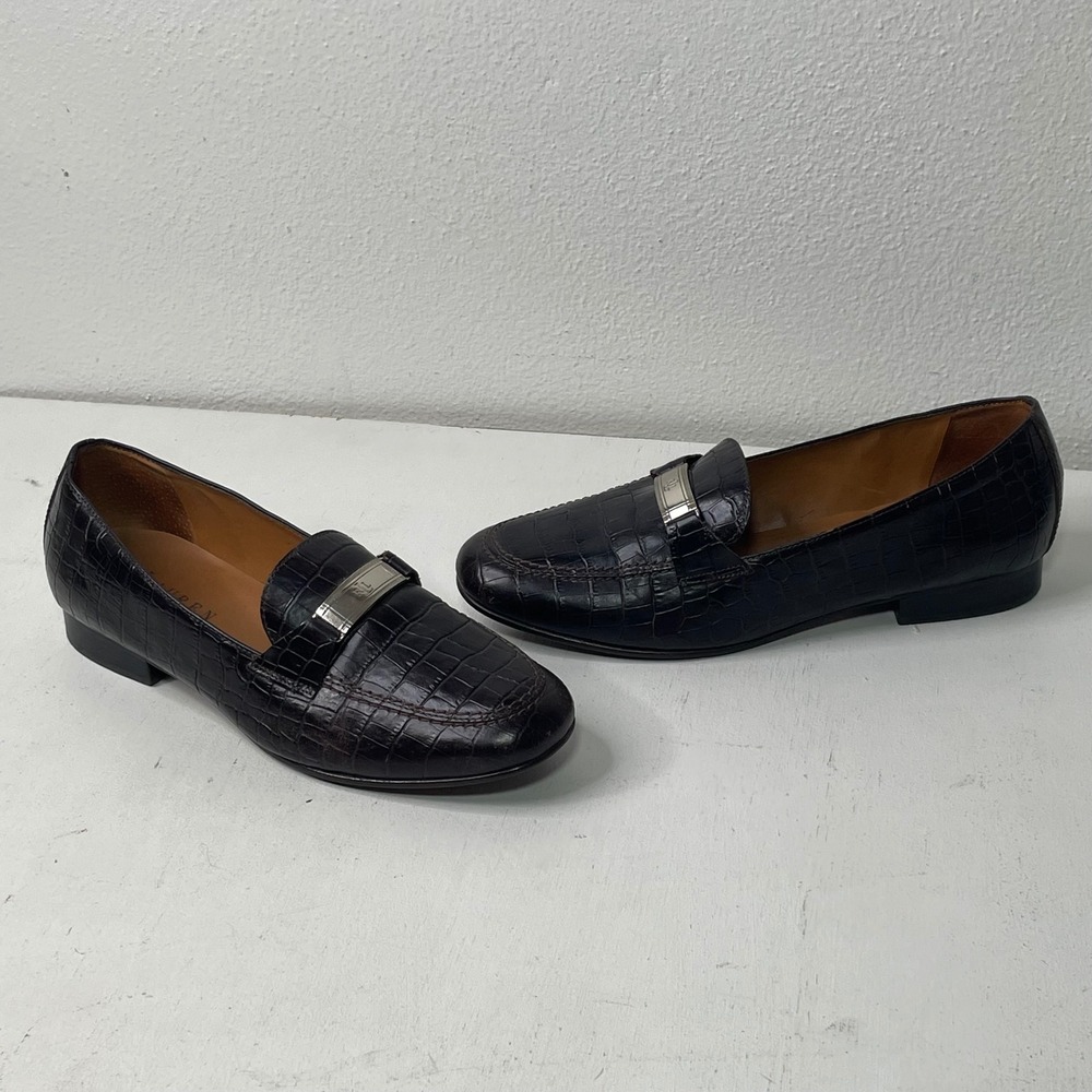 Lauren Ralph Lauren Brown Leather Loafers Womens 7.5B Croc Embossed LRL Logo